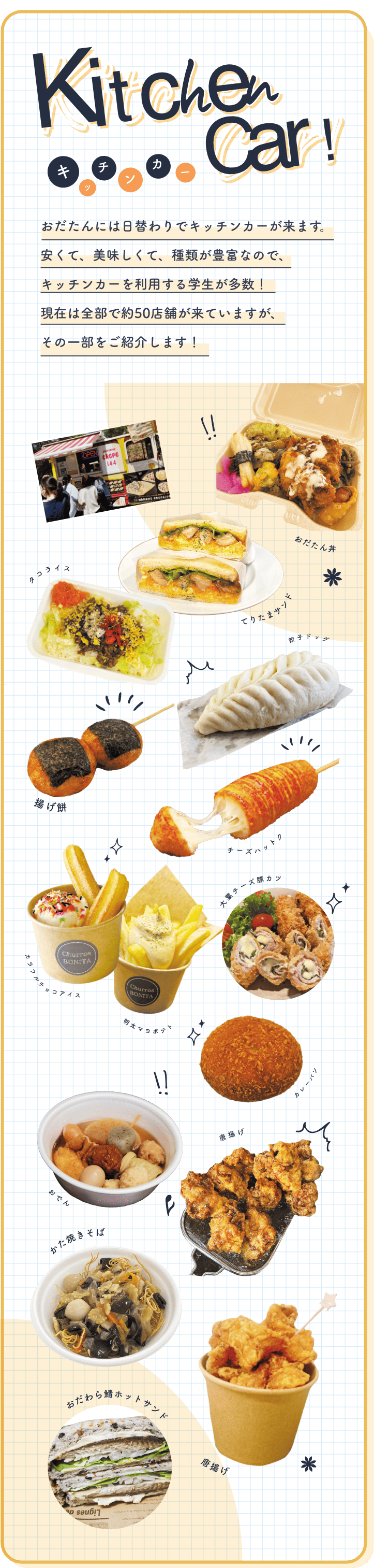 Kitchen Car おだたんには日替わりでキッチンカーが来ます。安くて、美味しくて、種類が豊富なので、キッチンカーを利用する学生が多数！現在は全部で約50店舗が来ていますが、その一部をご紹介します！